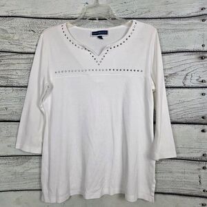 Karen Scott White Studded V-Neck 3/4 Sleeve Cotton Top M